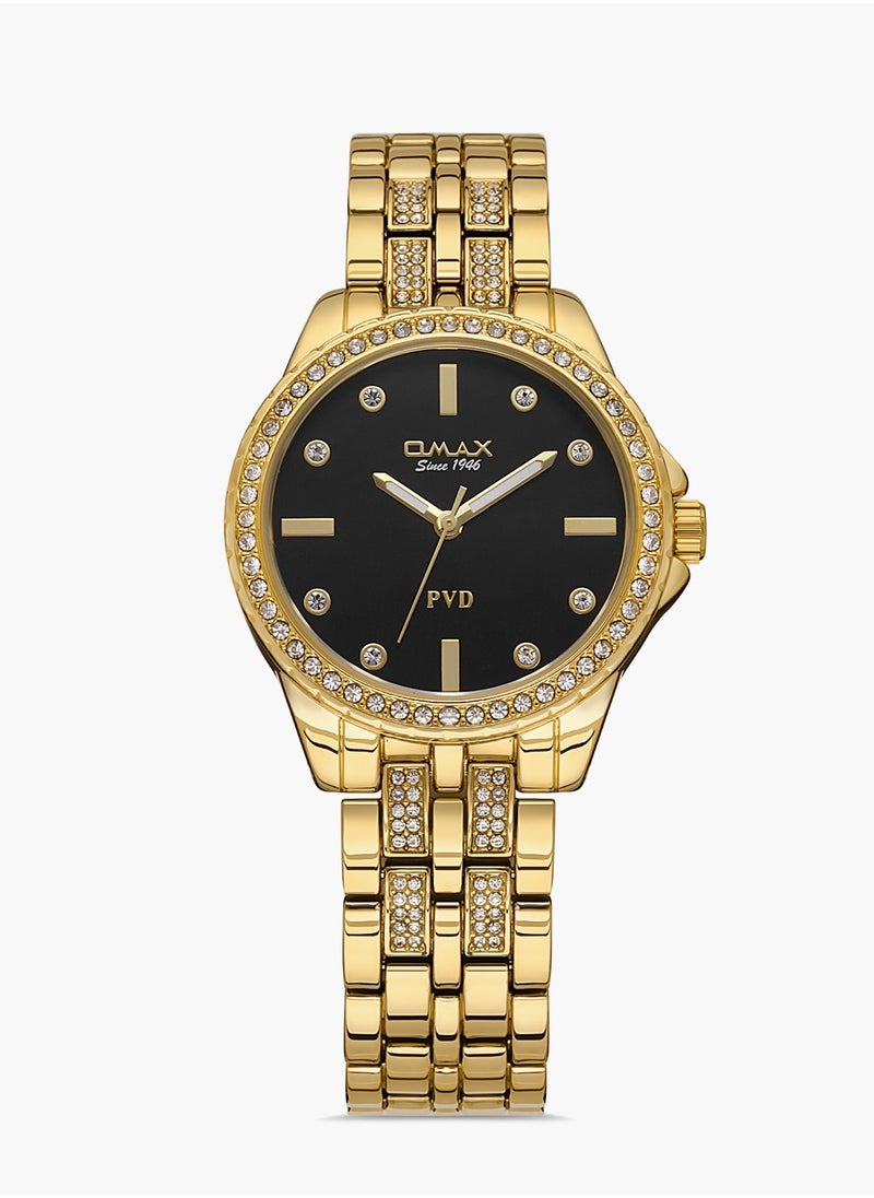 OMAX - Omax Women's Full Gold Luxury Wrist Watch, Watches for Women, Stainless Watches, Crystal Steel Band, Black Round Dial, Waterproof Watch, 1 Year Warranty - Image 1