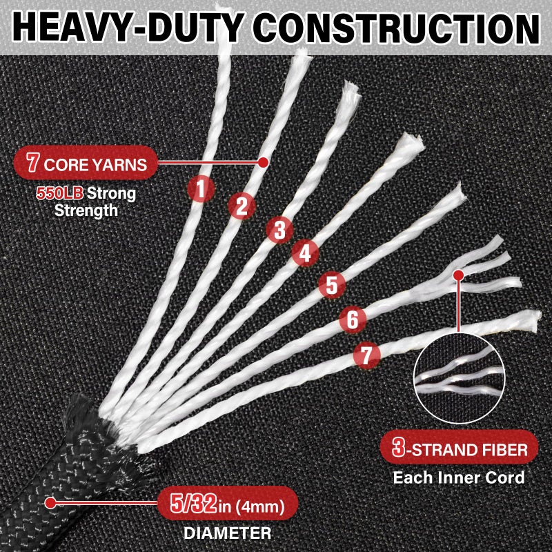Triberion Paracord Rope 550 lb - 200ft 5/32" Parachute Cord 4MM 7-Strand para Cord - Heavy Duty Spool String for Survival,Camping Gear, Survival Bracelet, Clothesline - Black - Image 3