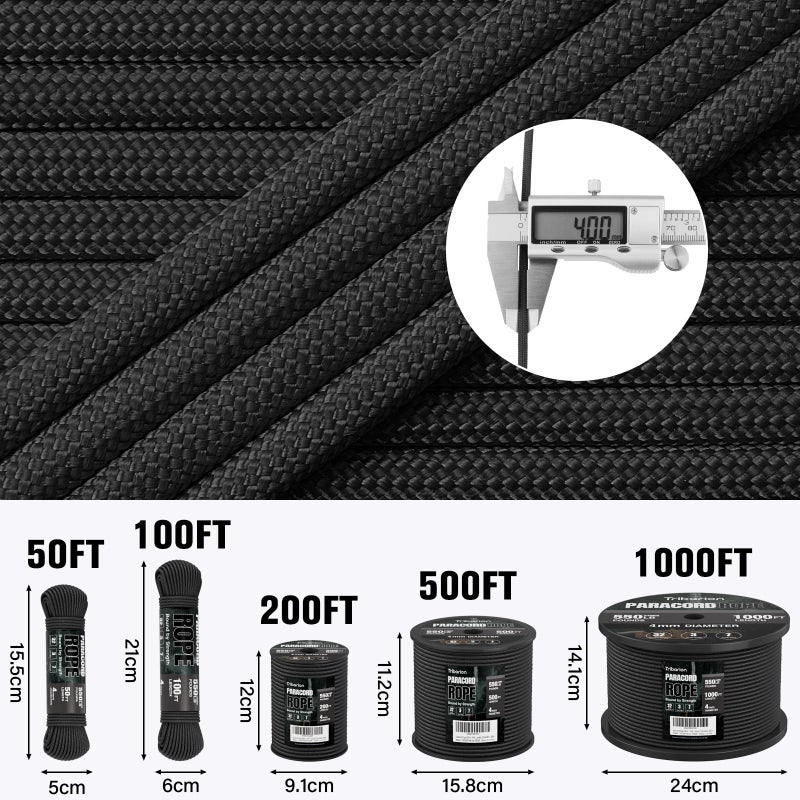 Triberion Paracord Rope 550 lb - 200ft 5/32" Parachute Cord 4MM 7-Strand para Cord - Heavy Duty Spool String for Survival,Camping Gear, Survival Bracelet, Clothesline - Black - Image 5
