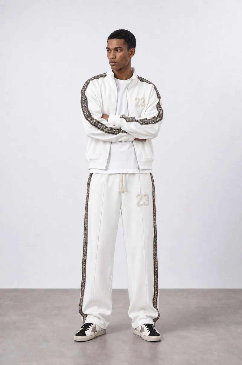 Respire Men's 23 Stripe Detail Doubleface Tracksuit Set, Ecru
