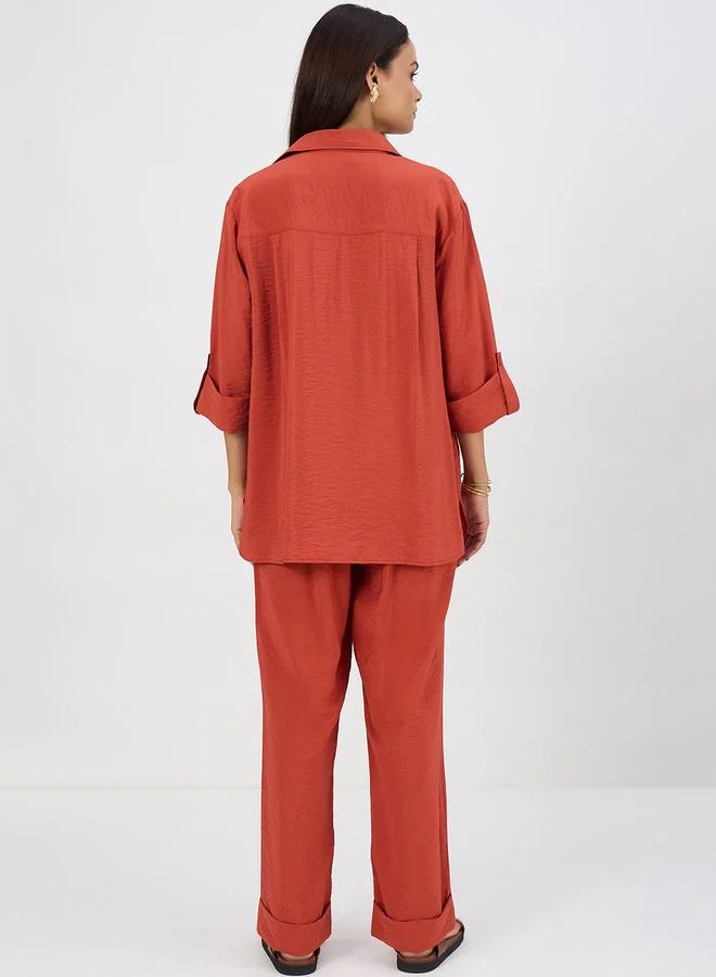 Femmella Women Rust Dual Pocket Shirt and Trousers Co-Ords