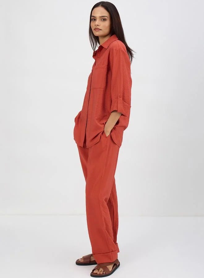 Femmella Women Rust Dual Pocket Shirt and Trousers Co-Ords