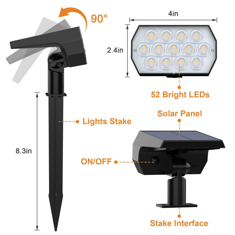 WELALO أضواء سبوت شمسية خارجية WELALO، [6 عبوة/52 LED/3 أوضاع] أضواء سبوت شمسية 2 في 1، أضواء أمان تعمل بالطاقة الشمسية، أضواء جدارية مقاومة للماء للممرات والحدائق وممرات السيارات (أبيض دافئ) - Image 5