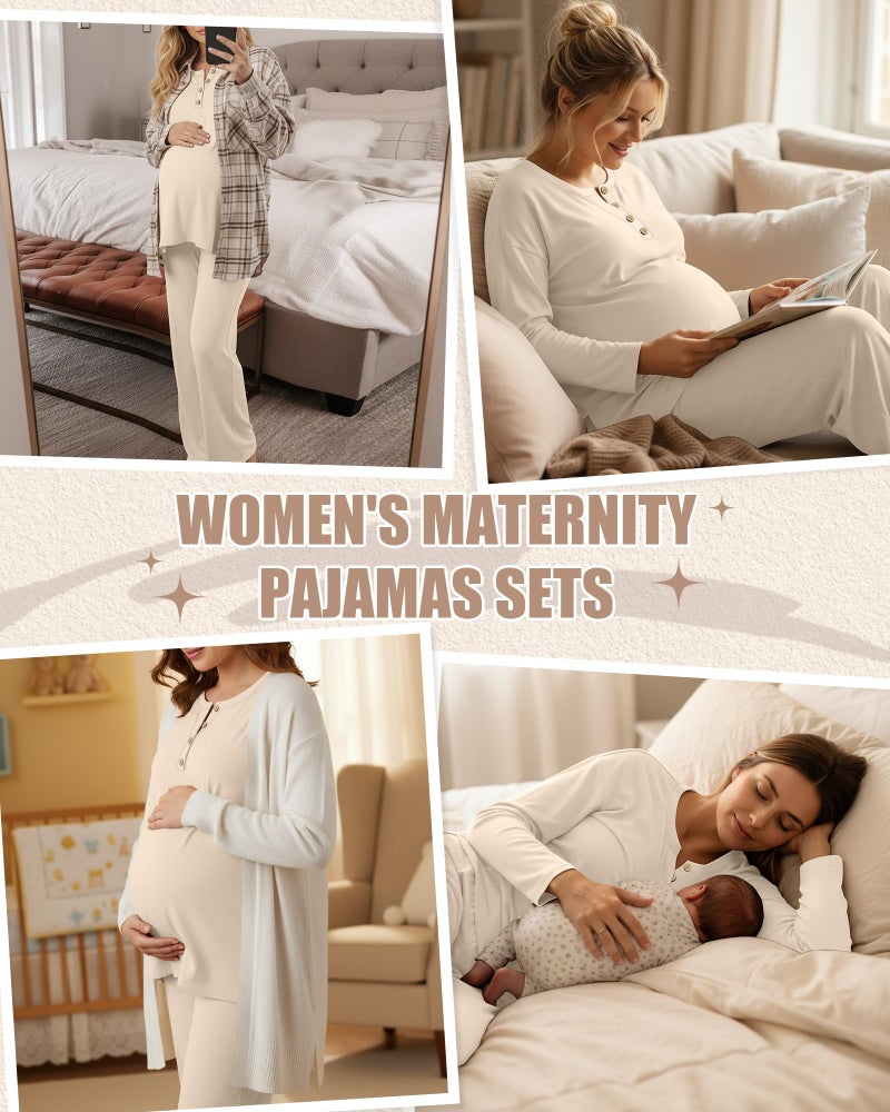 Yearntown Women's Maternity Pajamas Sets, Long Sleeve Pregnancy Postpartum Delivery Lounge Nursing Pjs with Pockets(Apricot,X-Large) - Image 3