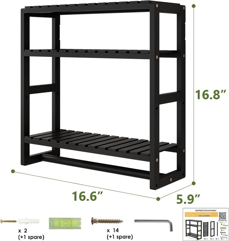 Bamworld Bathroom Shelf Storage Bathroom Organizer Shower Caddy Bathroom Accessories Home Storage and Organizers Adjustable Bamboo shelf 3-Tiered Over Toilet Rack Wall Mount Stand(Black) - Image 3