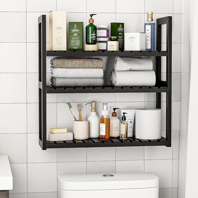 Bamworld Bathroom Shelf Storage Bathroom Organizer Shower Caddy Bathroom Accessories Home Storage and Organizers Adjustable Bamboo shelf 3-Tiered Over Toilet Rack Wall Mount Stand(Black) - Image 2