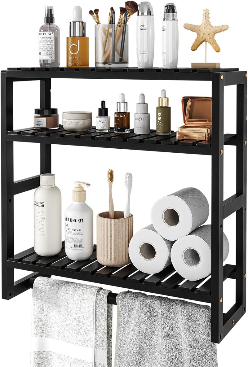 Bamworld Bathroom Shelf Storage Bathroom Organizer Shower Caddy Bathroom Accessories Home Storage and Organizers Adjustable Bamboo shelf 3-Tiered Over Toilet Rack Wall Mount Stand(Black) - Image 1
