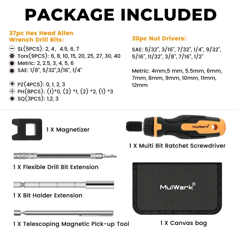 MulWark 63PC Magnetic Ratcheting Screwdriver Bit Set â€“ Multibit Screw Driver with Screwdriver Bits Slotted, Torx, Hex, Pozi, Philips, Square; Nut Driver Set for SAE and Metric â€“ Christmas Gift - Image 2