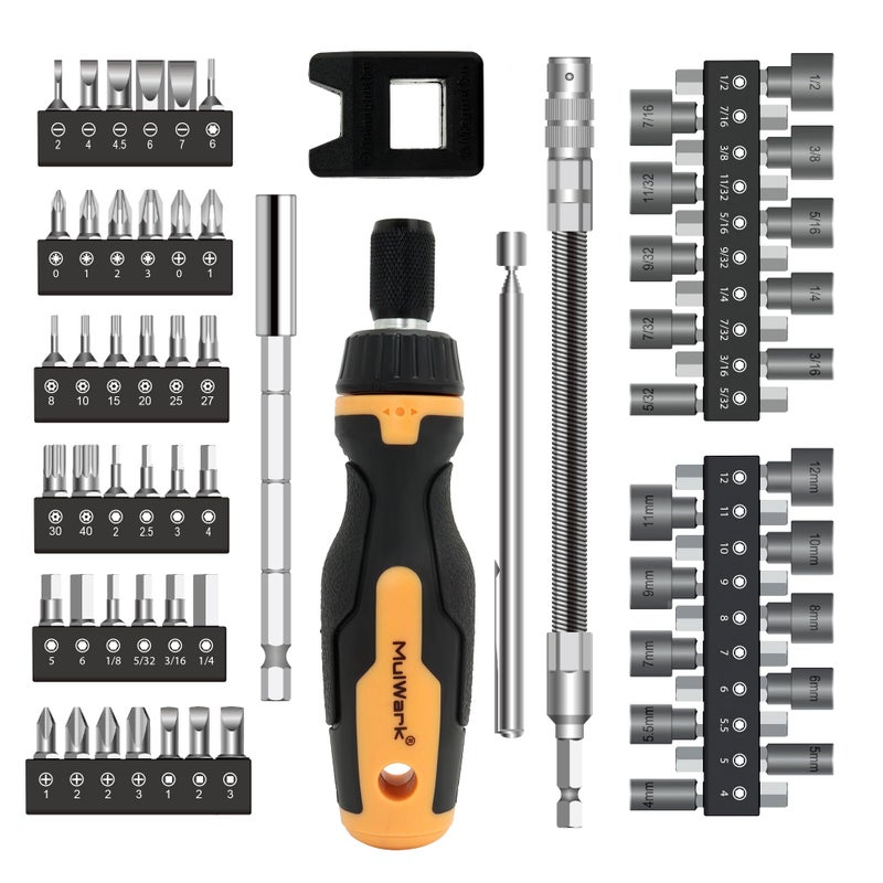 MulWark 63PC Magnetic Ratcheting Screwdriver Bit Set â€“ Multibit Screw Driver with Screwdriver Bits Slotted, Torx, Hex, Pozi, Philips, Square; Nut Driver Set for SAE and Metric â€“ Christmas Gift - Image 1