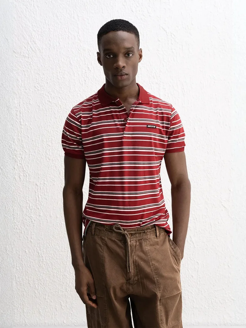 GIESTO Polo Collar Striped Short Sleeve T-Shirt with Button