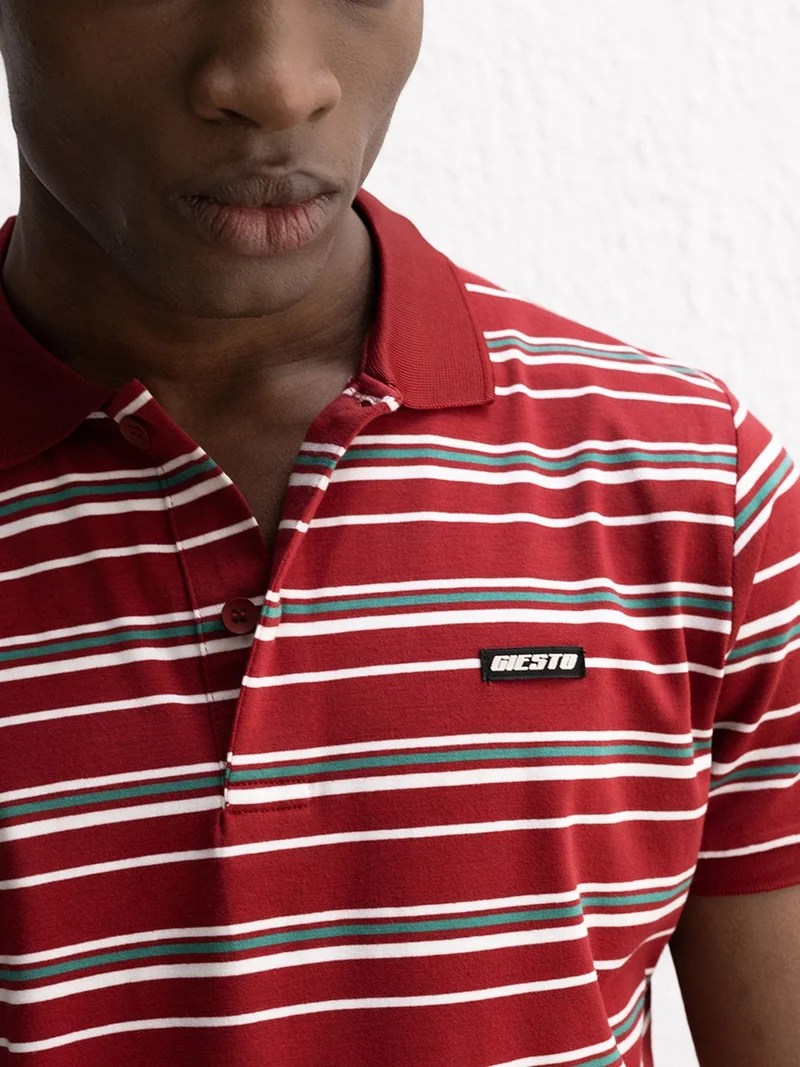Giesto Burgundy Red GIESTO Polo Collar Striped Short Sleeve T-Shirt with Button for Men | Best Price UAE