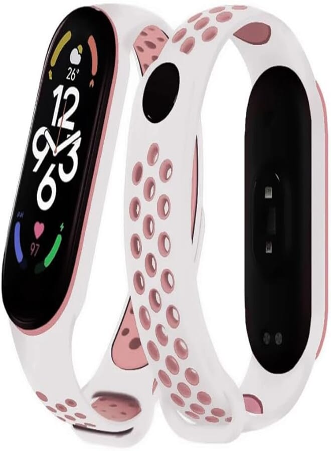 Next Next store Silicone Sport Strap Compatible with Mi Band 5 / Mi Band 6 Breathable Replacement Strap Compatible with Xiaomi Mi Band 5 6 Smart Watch, One Size (White/Pink)