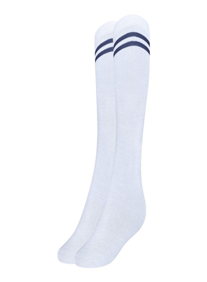 MUKHAKSH (Pack of 12 Pairs = 24 Socks Boys Kids White Socks with Navy Blue Stripes Border Lining White with Navy Blue Stripes School Uniform Dress Socks Calf Length - Image 2