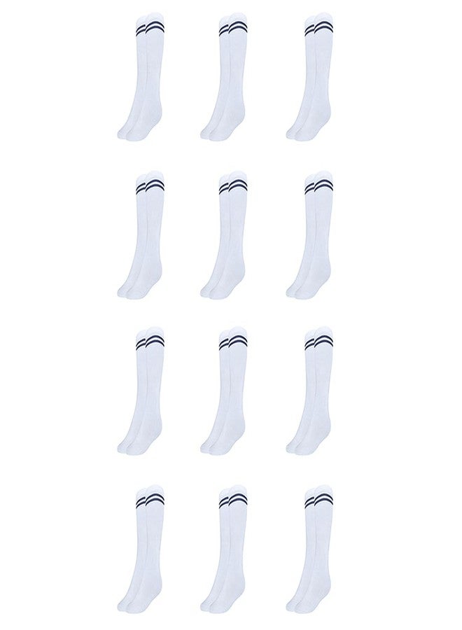 MUKHAKSH (Pack of 12 Pairs = 24 Socks Boys Kids White Socks with Navy Blue Stripes Border Lining White with Navy Blue Stripes School Uniform Dress Socks Calf Length - Image 1