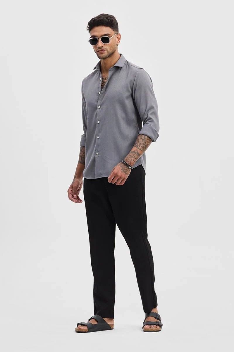 سنيتش Grey Textured Long Sleeve Slim Fit Casual Shirt