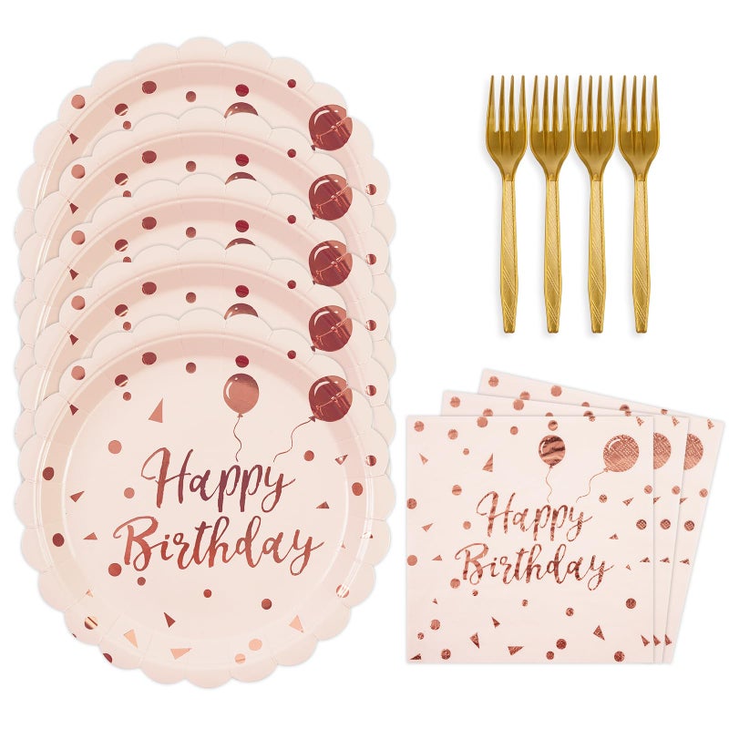 BOKFJBP 48PCS Happy Birthday Plates&Napkins Set-Disposable Pink and Gold Birthday Scalloped Dessert Plates 6.5IN Napkins Gold Forks Party Supplies for Birthday Wedding Valentine Party Decorations Serve16 - Image 1