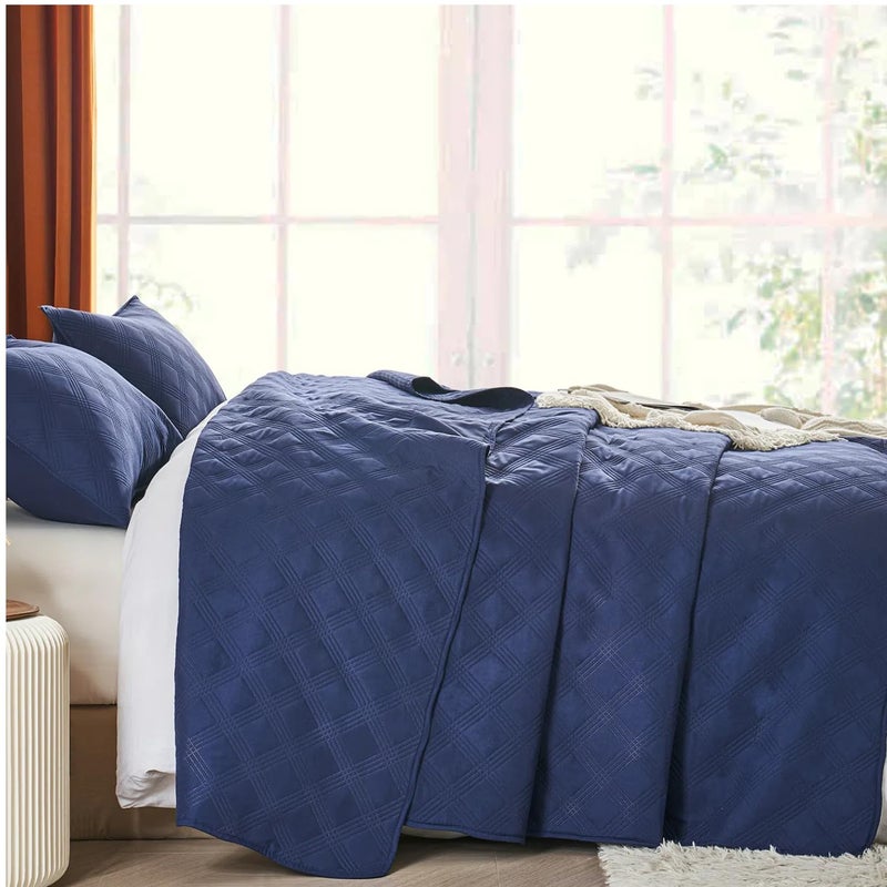 inron inron Quilt Set Queen Size  Navy Blue Microfiber Ultrasonic Full Bedspreads  Lightweight Breathable Coverlet  Modern Geometric Pattern Thin Bedding Set for All Season (1 Quilt  2 Pillow Shams)  - Image 5