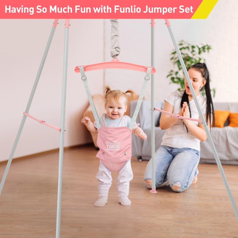 FUNLIO Baby Jumper with Stand for 6-24 Months, Infant Jumper for Indoor/Outdoor Play, Toddler Jumper for Baby Girl/Boy, with Adjustable Chain, Easy to Assemble & Store (with Stand) - Pink - Image 2