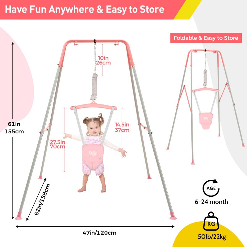 FUNLIO Baby Jumper with Stand for 6-24 Months, Infant Jumper for Indoor/Outdoor Play, Toddler Jumper for Baby Girl/Boy, with Adjustable Chain, Easy to Assemble & Store (with Stand) - Pink - Image 5