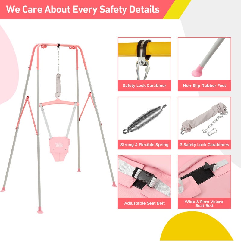 FUNLIO Baby Jumper with Stand for 6-24 Months, Infant Jumper for Indoor/Outdoor Play, Toddler Jumper for Baby Girl/Boy, with Adjustable Chain, Easy to Assemble & Store (with Stand) - Pink - Image 3