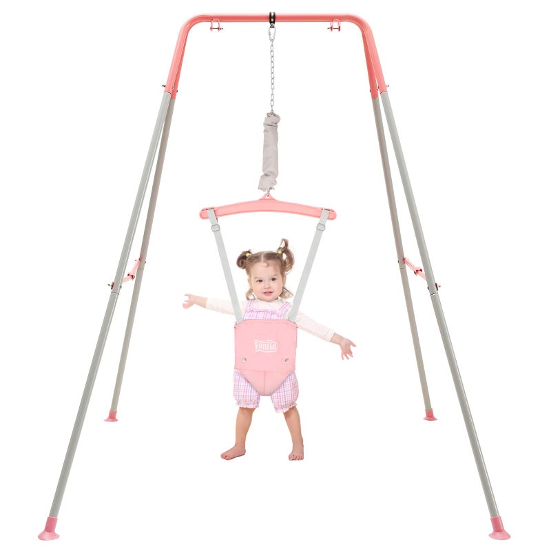 FUNLIO Baby Jumper with Stand for 6-24 Months, Infant Jumper for Indoor/Outdoor Play, Toddler Jumper for Baby Girl/Boy, with Adjustable Chain, Easy to Assemble & Store (with Stand) - Pink - Image 1