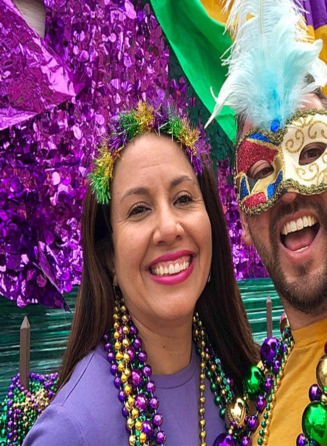 Watayo 2 Pcs Mardi Gras Headband for Women, Adjustable Glitter Mardi Gras Pom Pom Hairband, Purple Green Gold Tinsel Headwear for Mardi Gras Hair Accessories Masquerade Parade Party Favors - Image 4