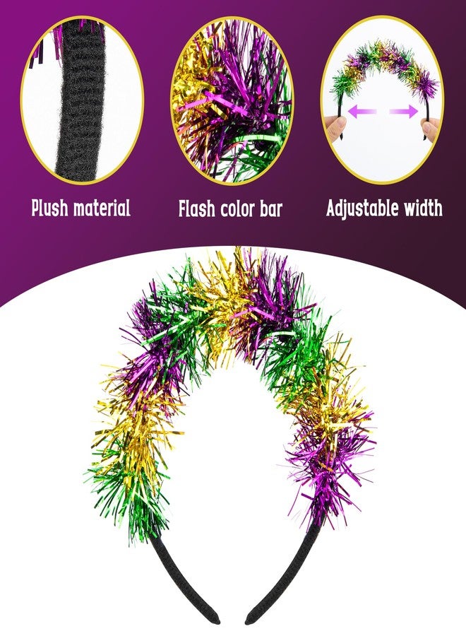 Watayo 2 Pcs Mardi Gras Headband for Women, Adjustable Glitter Mardi Gras Pom Pom Hairband, Purple Green Gold Tinsel Headwear for Mardi Gras Hair Accessories Masquerade Parade Party Favors - Image 3