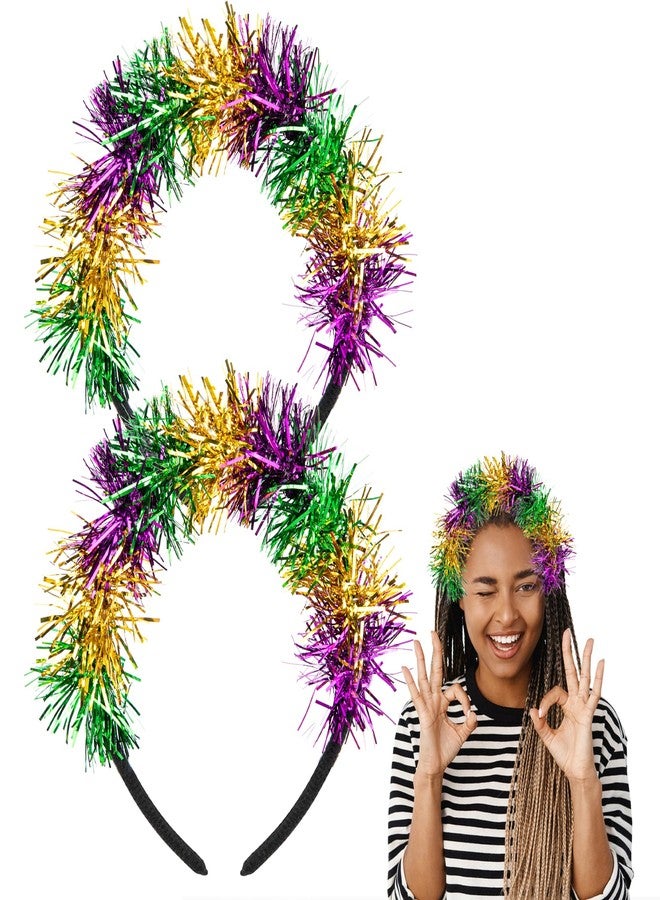 Watayo 2 Pcs Mardi Gras Headband for Women, Adjustable Glitter Mardi Gras Pom Pom Hairband, Purple Green Gold Tinsel Headwear for Mardi Gras Hair Accessories Masquerade Parade Party Favors - Image 1