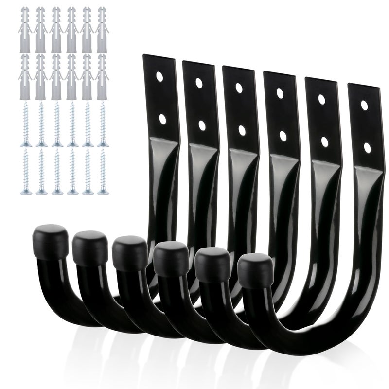 KURUI Metal Wall Hooks for Hanging Heavy Duty, 6Pcs Garage Organization and Storage Hook for Extension Cord Tool Coat Backpack Bag, Large Utility J Hooks, Black Wall Mount Hanges for Outdoor Indoor - Image 1