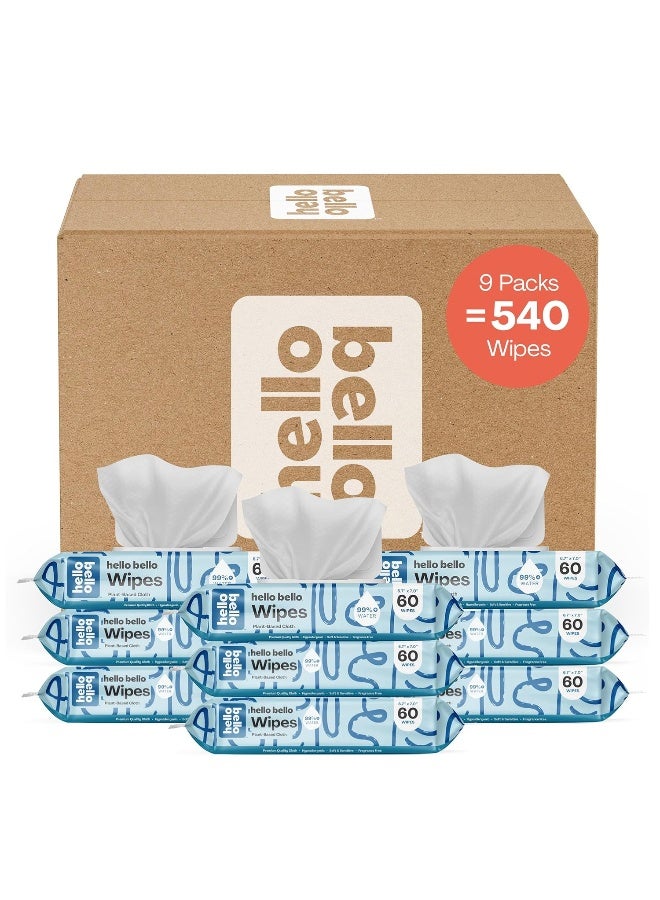 Hello Bello مناديل أطفال هالو بيلو الإضافية اللطيفة بدون رائحة، مصنوعة من نباتات، تحتوي على 99% ماء وصبار للأطفال، 60 قطعة (عبوة من 9) إجمالي 540 قطعة - Image 1