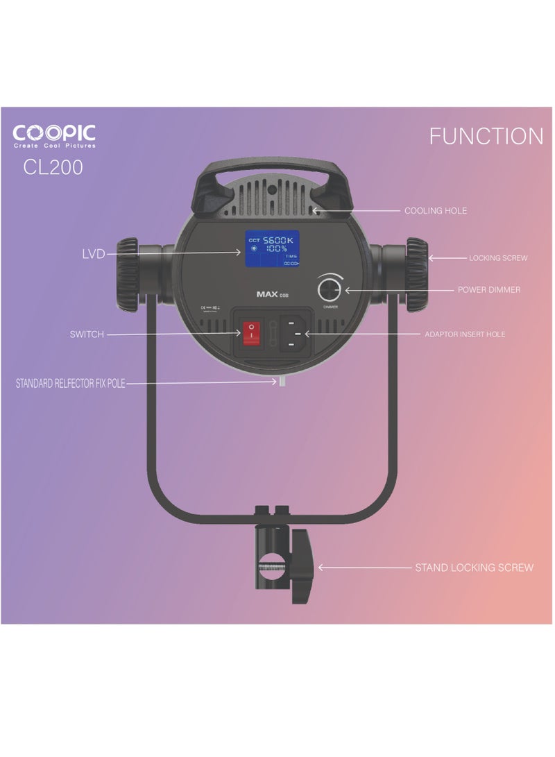 Coopic مصباح فيديو LED قابل للتعديل من COOPIC CL-200 بقوة 200 واط، وجهاز تحكم عن بعد 2.4 جرام، باللون الأبيض من 3200 كلفن أو 5600 كلفن، ومؤشر تجسيد اللون>97 ومؤشر تباين الألوان>98، ومصباح فيديو متوازن في ضوء النهار لتسجيل الفيديو والتصوير الفوتوغرافي والتصوير في الهواء الطلق وما إلى ذلك - Image 4