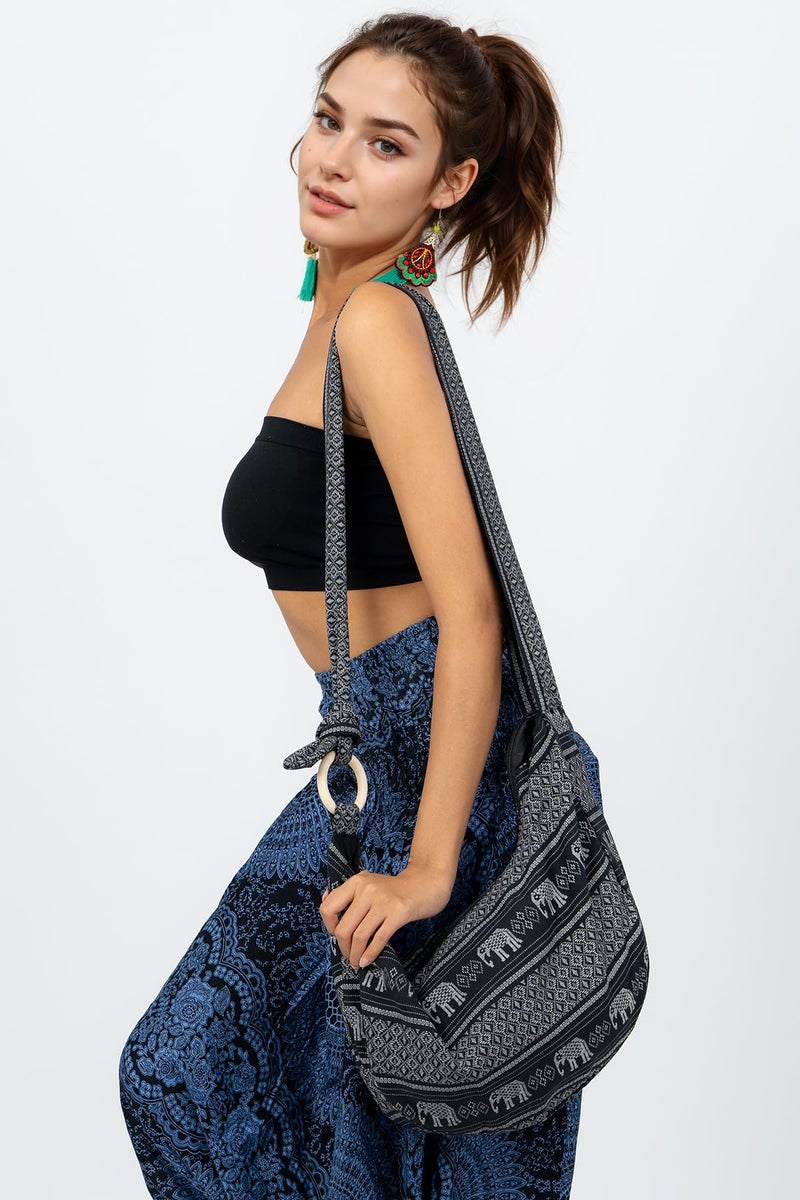 Your Cozy Hobo Crossbody Bag for Women â€“ Handmade Cotton Boho Purse with Wooden Ring | Lightweight Slouchy Shoulder Sling Tote Bag (Black Elephant) - Image 4