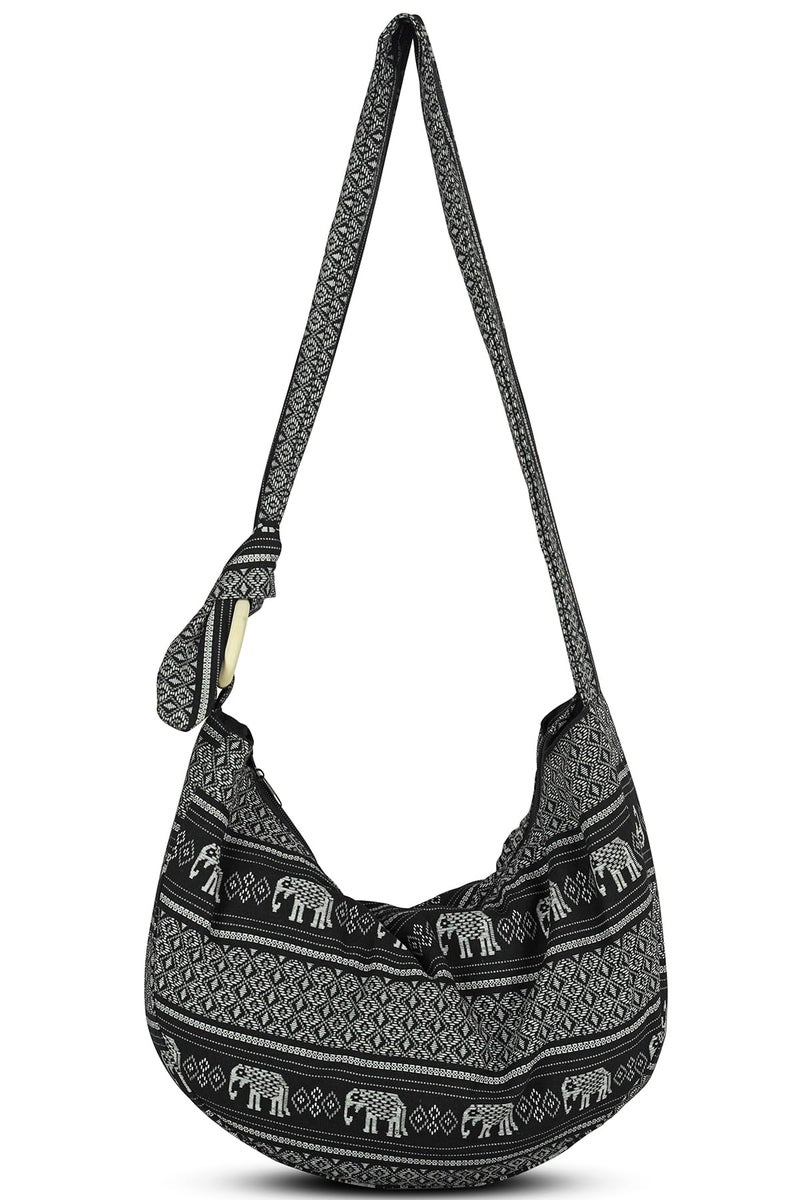Your Cozy Hobo Crossbody Bag for Women â€“ Handmade Cotton Boho Purse with Wooden Ring | Lightweight Slouchy Shoulder Sling Tote Bag (Black Elephant) - Image 3