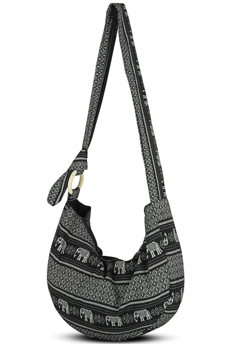 Your Cozy Hobo Crossbody Bag for Women â€“ Handmade Cotton Boho Purse with Wooden Ring | Lightweight Slouchy Shoulder Sling Tote Bag (Black Elephant) - Image 1