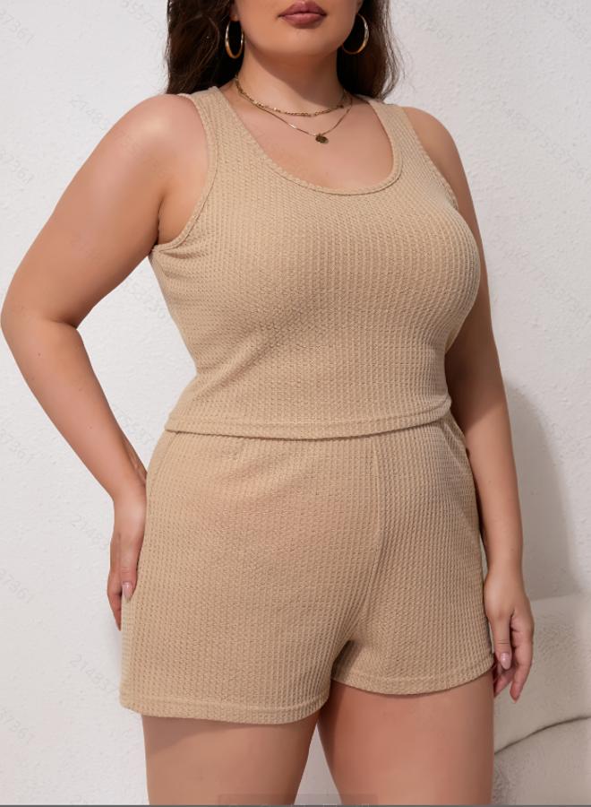 Take Two Plus Size Beige Knitted Sleeveless Pyjama Set with Shorts - Image 5