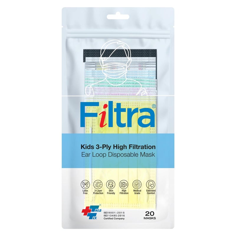 Filtra ® 3-Ply Ear Loop Kids Mask | Ages 3-18 | Kids Mask | Children's Mask | Ladies Mask | High Filtration | New extra tough courier packing | Travel Zip Lock Pouch of 20 Masks - Image 1