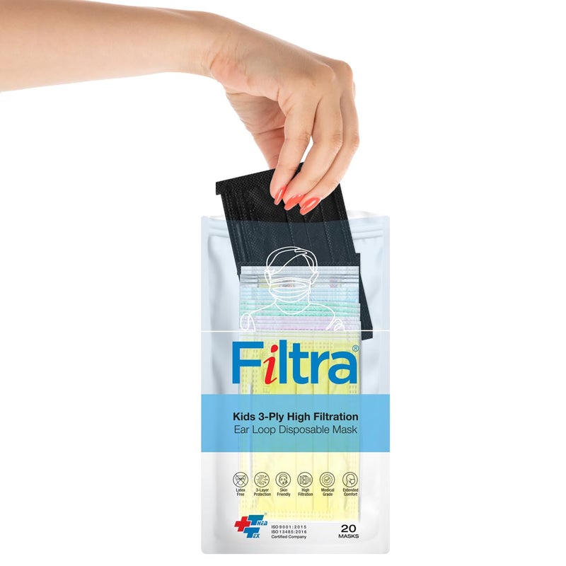 Filtra ® 3-Ply Ear Loop Kids Mask | Ages 3-18 | Kids Mask | Children's Mask | Ladies Mask | High Filtration | New extra tough courier packing | Travel Zip Lock Pouch of 20 Masks - Image 2