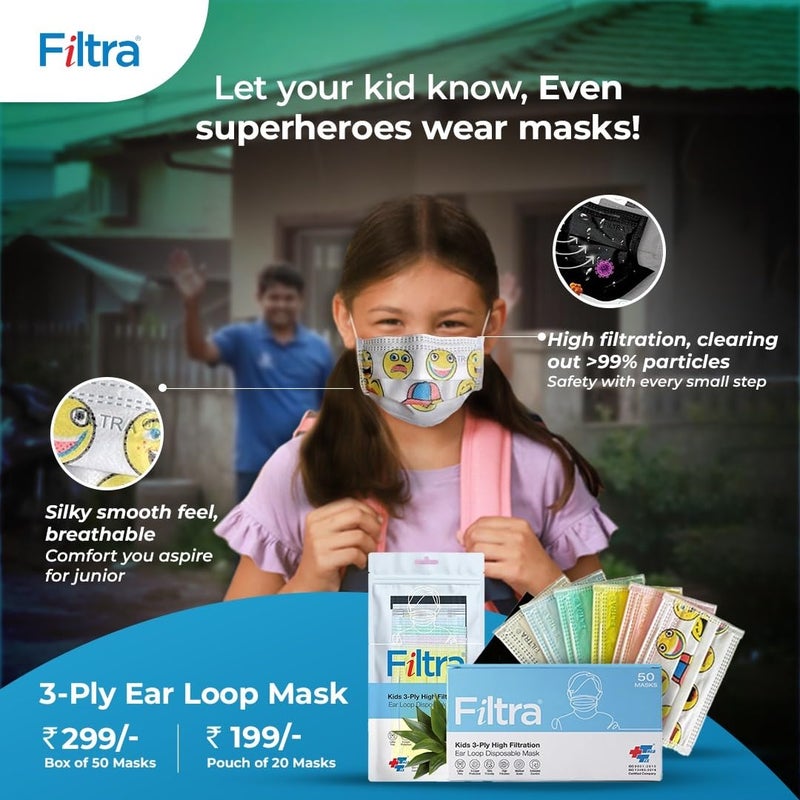 Filtra ® 3-Ply Ear Loop Kids Mask | Ages 3-18 | Kids Mask | Children's Mask | Ladies Mask | High Filtration | New extra tough courier packing | Travel Zip Lock Pouch of 20 Masks - Image 3