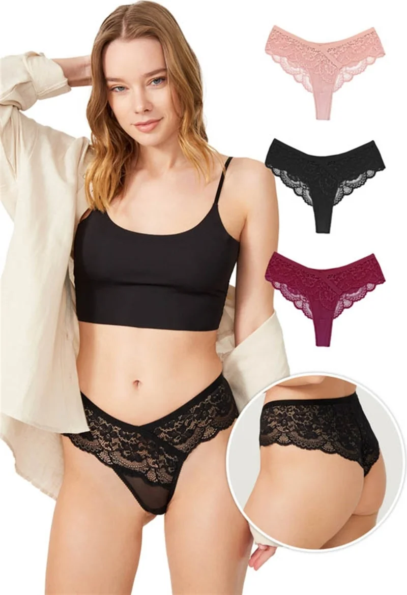 COTTONHILL Lace Transparent Women's Brazilian Panties 3 Pack-2