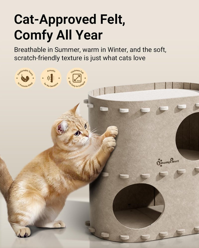 DownyPaws Cat House for Indoor Cats, 2-Storey Foldable Cat Bed Cave, Felt Cats Tunnel Bed Condo, Castle Kitten Cube Hideaway for Multicats, Scratch Resistant, Cream - Image 4