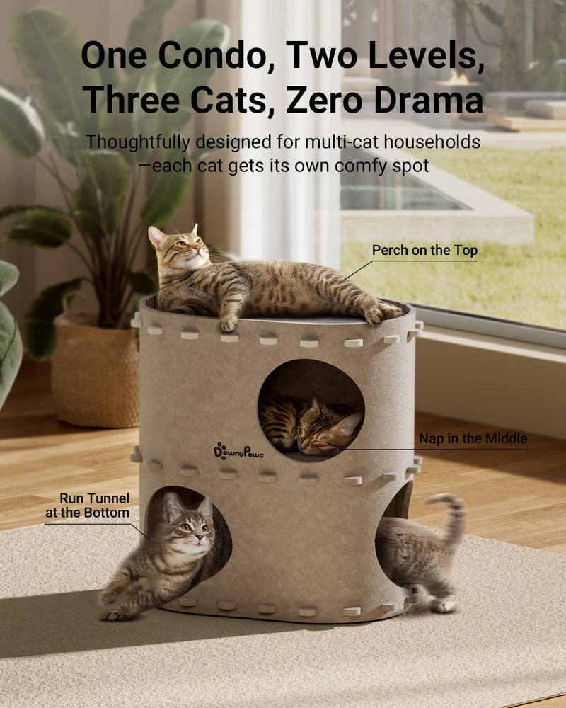 DownyPaws Cat House for Indoor Cats, 2-Storey Foldable Cat Bed Cave, Felt Cats Tunnel Bed Condo, Castle Kitten Cube Hideaway for Multicats, Scratch Resistant, Cream - Image 2