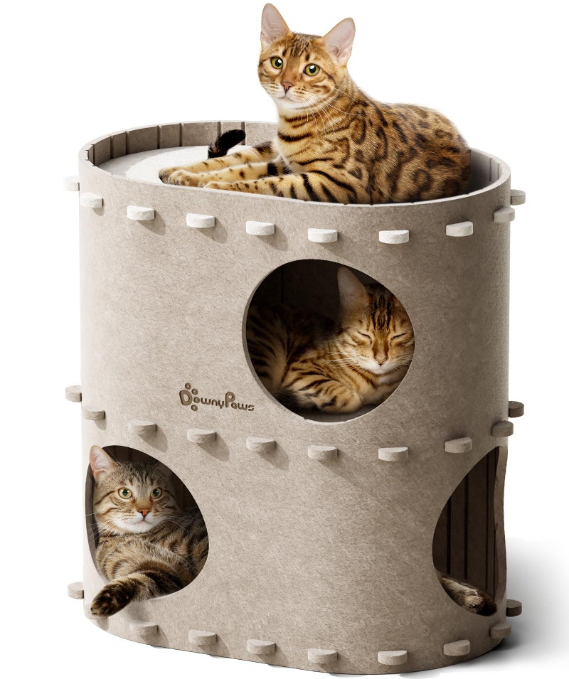 DownyPaws Cat House for Indoor Cats, 2-Storey Foldable Cat Bed Cave, Felt Cats Tunnel Bed Condo, Castle Kitten Cube Hideaway for Multicats, Scratch Resistant, Cream - Image 1