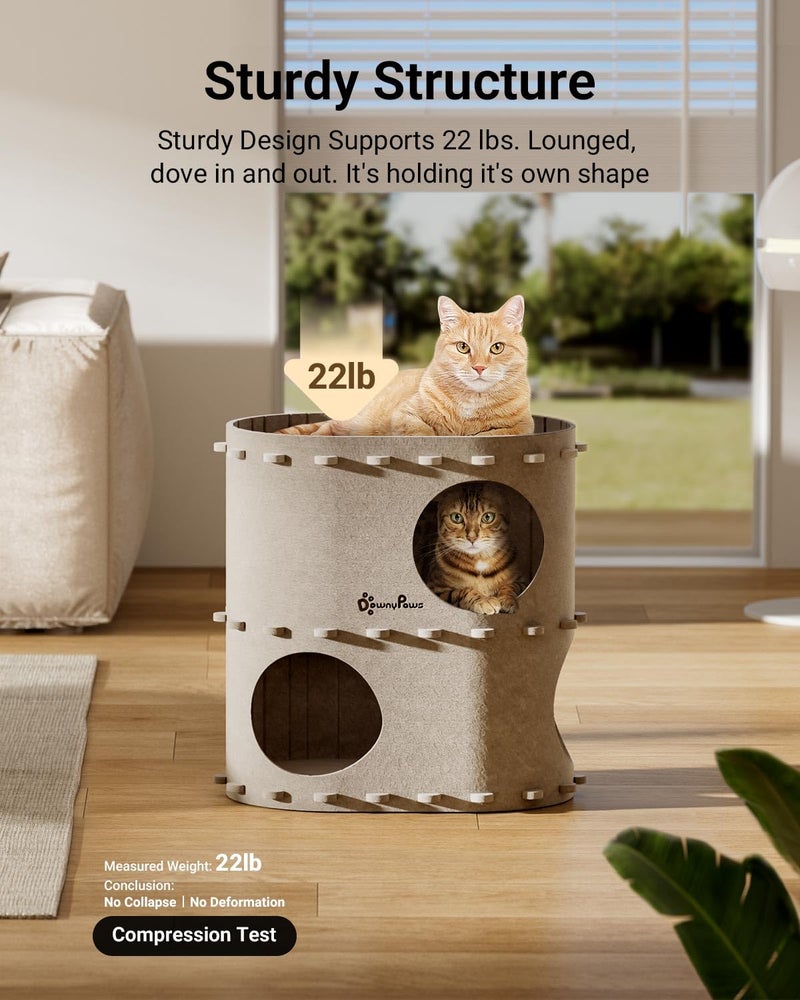 DownyPaws Cat House for Indoor Cats, 2-Storey Foldable Cat Bed Cave, Felt Cats Tunnel Bed Condo, Castle Kitten Cube Hideaway for Multicats, Scratch Resistant, Cream - Image 5