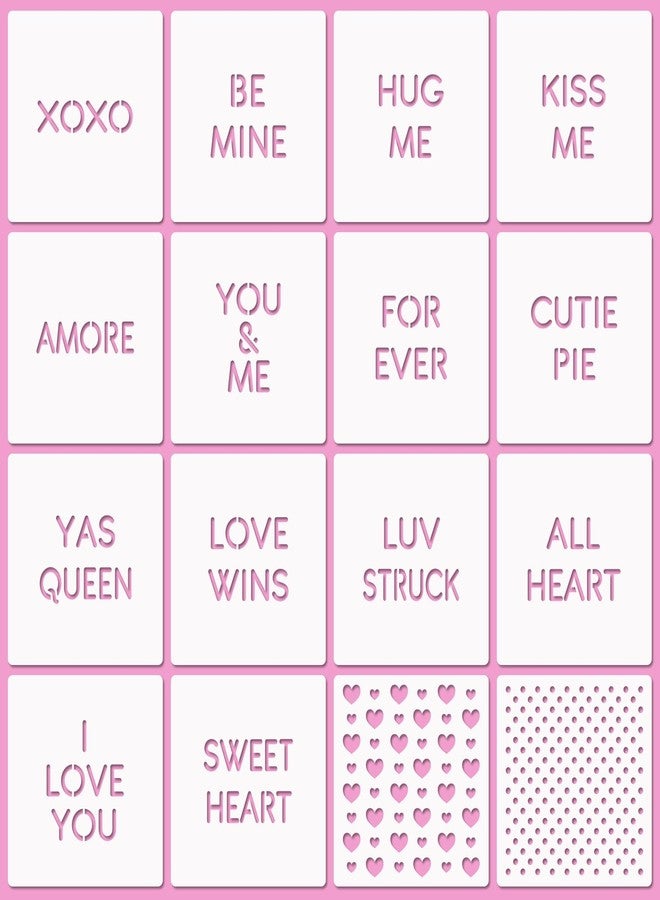 CODOHI 16 Pcs Valentine Conversation Hearts Cookie Stencils with Royal Icing 3x3 in, I Love You/Hug Me/Kiss Me/Forever Love Phrase Sign Sayings Heart Stencils for Valentine's Day Making DIY Crafts - Image 1
