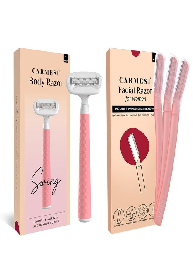 Carmesi Face and Body Shaving Combo | 3 Face Razors and 1 Body Razor Swing | Instant & Painless Hair Removal | Smooth & Glowing Skin | Hygienic & Safe - Image 1