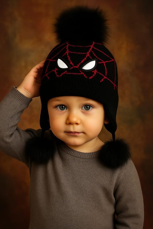 Krystle Woolen Cartoon Cap for Kids | Pom Pom Beanie Winter Hat Boys Girls (Black,2-4 Years) - Image 2
