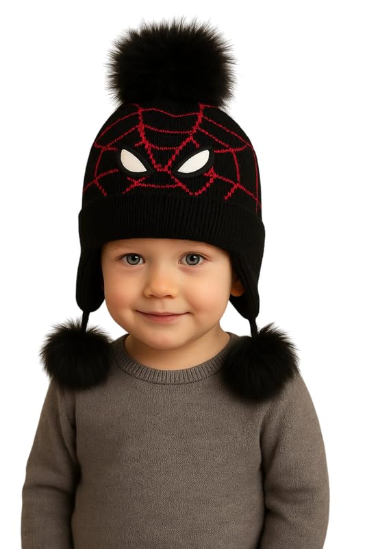 Krystle Woolen Cartoon Cap for Kids | Pom Pom Beanie Winter Hat Boys Girls (Black,2-4 Years) - Image 1