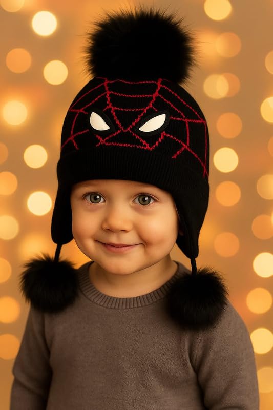 Krystle Woolen Cartoon Cap for Kids | Pom Pom Beanie Winter Hat Boys Girls (Black,2-4 Years) - Image 3
