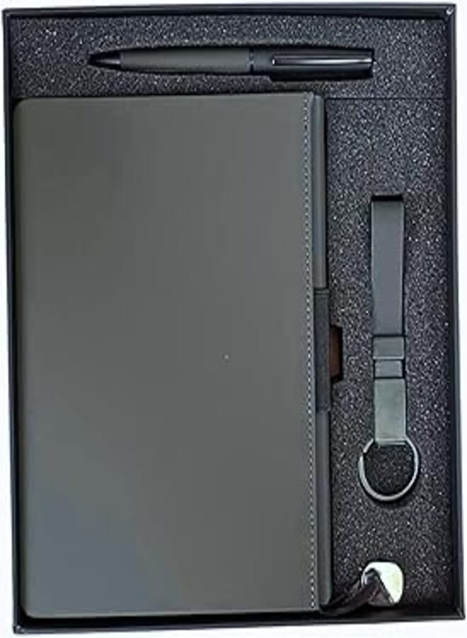 Generic Very Elegant Business Set of a leather hard cover journal notebook A5 metal frame, creamy 100gms papers and with an Elegent Pen and Key chain - Gray set and Black magnetic cover Box (NB50)