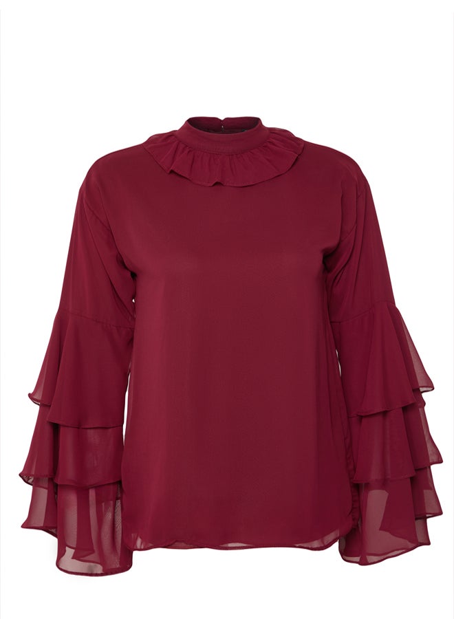 trendyol X AI Burgundy Ruffle Sleeve Chiffon Tunic - Image 1